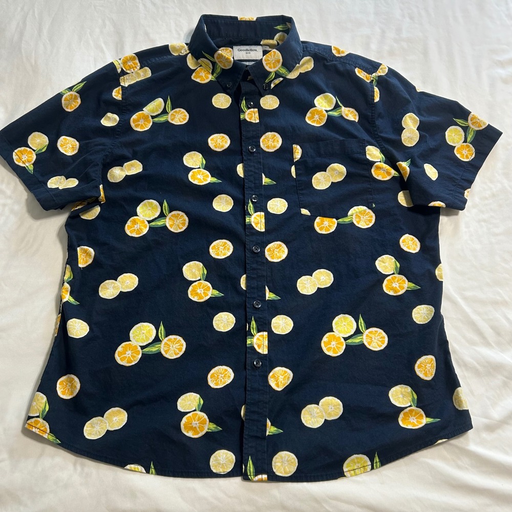 Goodfellow & Co Mens XL Slim Northrop Shirt Navy Blue Lemon Citrus Print S/S